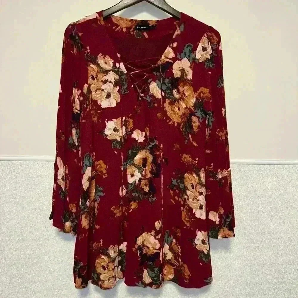 Women's Blu Pepper Floral Dress Size L Burgundy / Fall Colors / Bell Sleeves